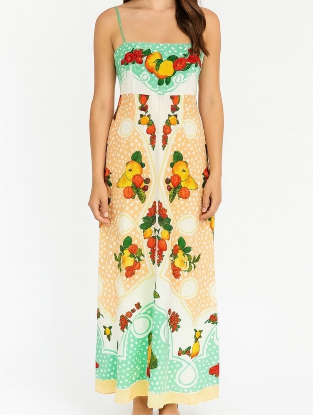 NWOT Caroline Constas Linen Blend Spaghetti Strap Fruits Print Maxi Dress Sz S